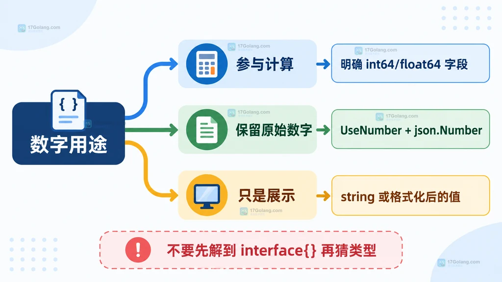 Go JSON 数字按计算、保留原文和展示用途选择类型的决策图
