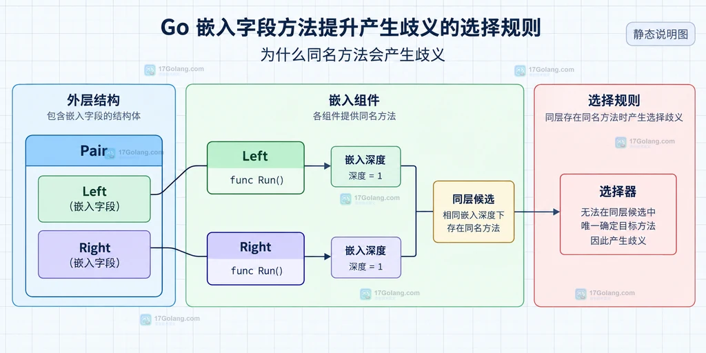 Go 嵌入字段方法提升的深度与同名选择关系说明图