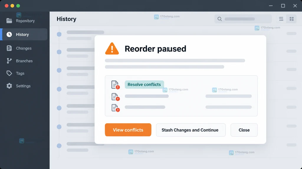 GitHub Desktop History 提交列表和拖动重排位置的原创操作示意图