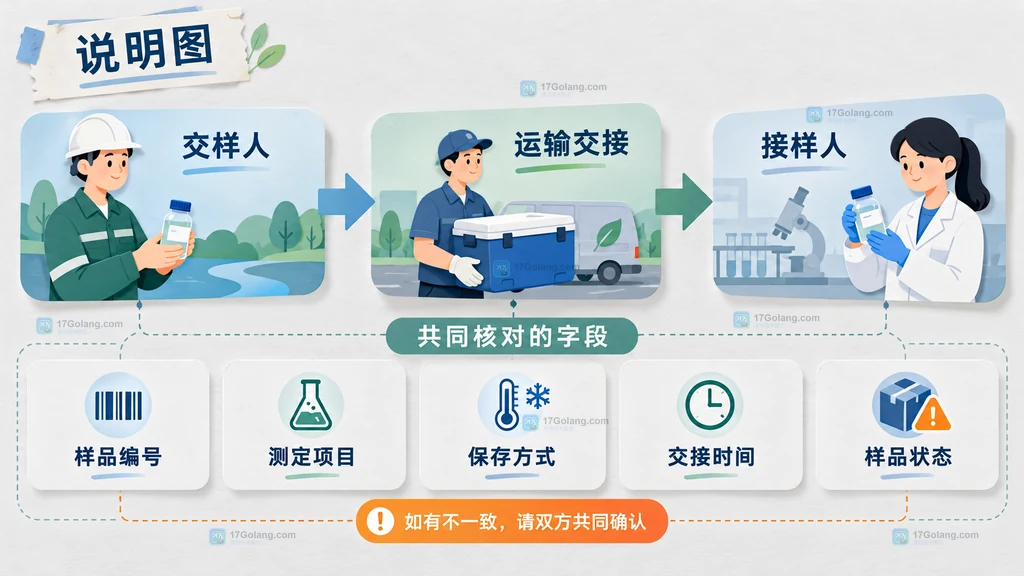 交样人、运输交接和接样人共同核对样品编号、测定项目、保存方式、交接时间和样品状态的链路说明图