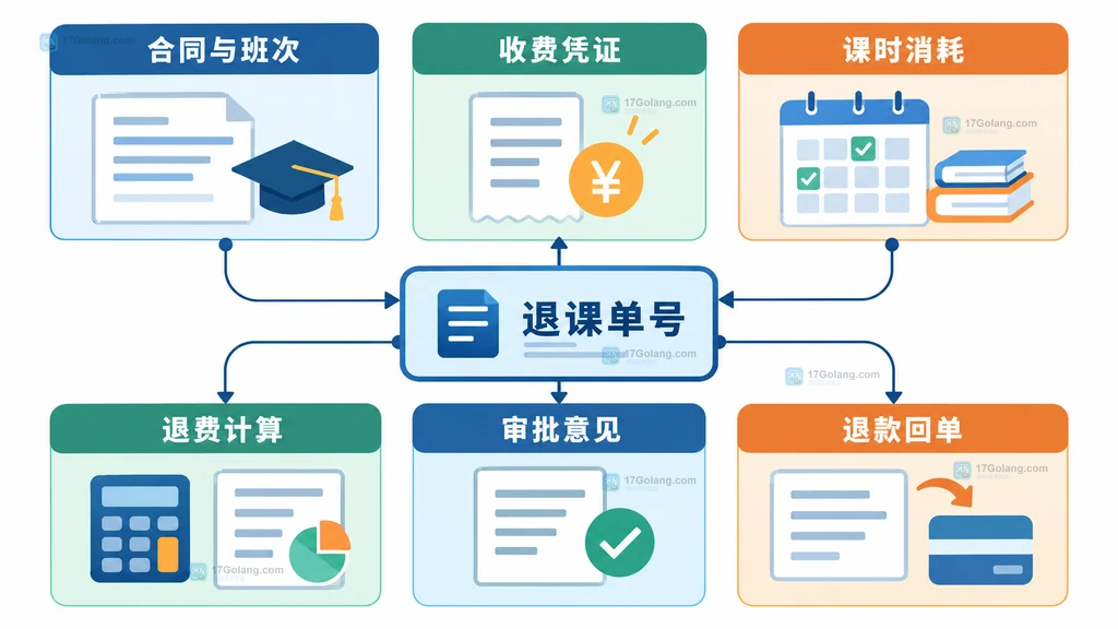 培训机构退课记录中合同、学员、课时、金额和凭证字段的关系说明图