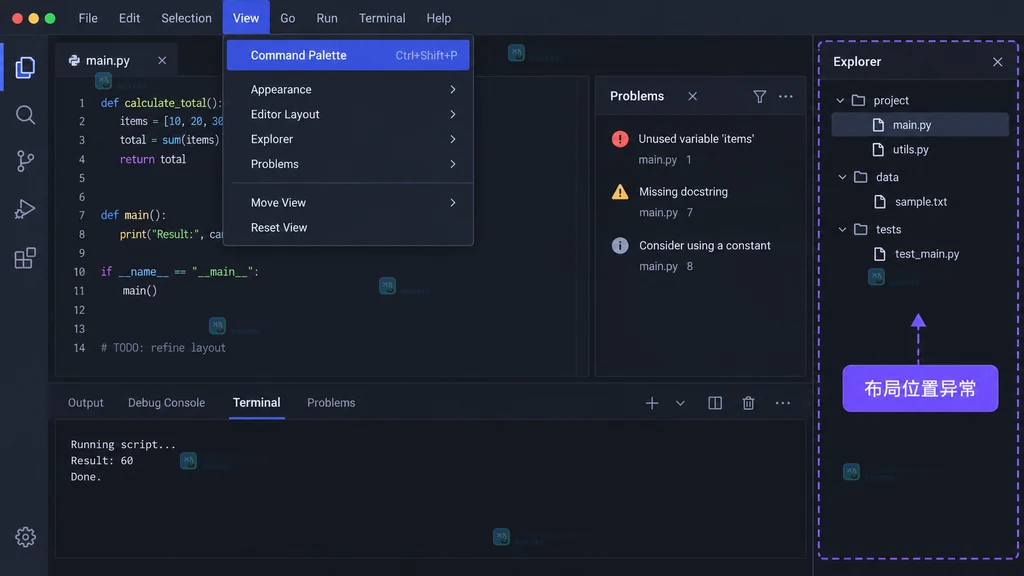 VS Code 视图被移动后从 View 菜单进入命令面板的原创界面说明图