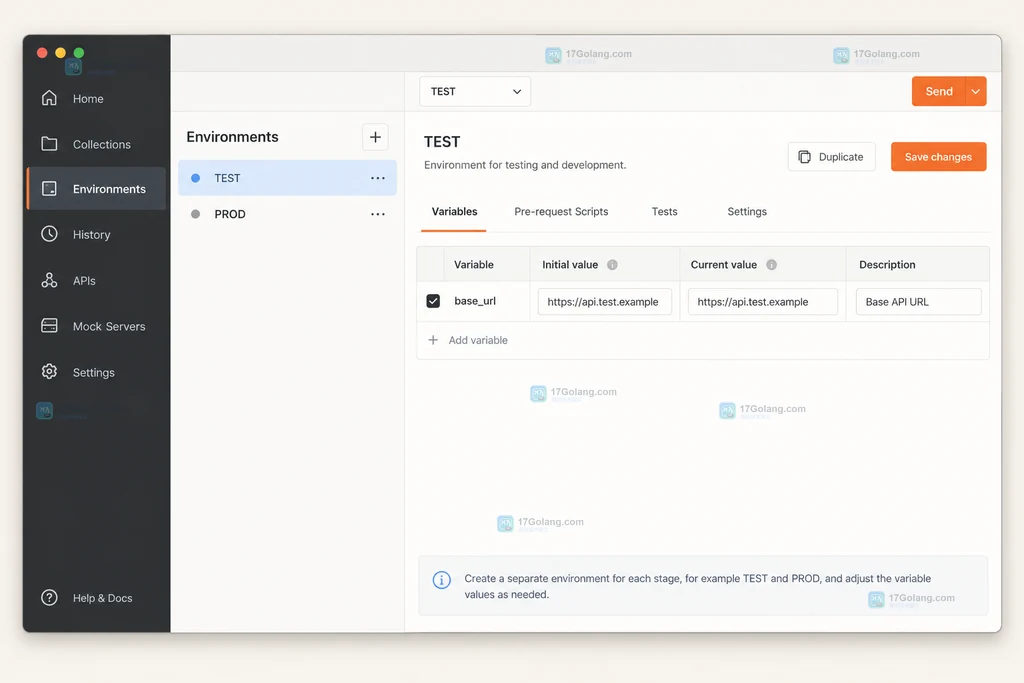 Postman 环境编辑说明图，展示测试环境、生产环境与 base_url 字段的组织关系
