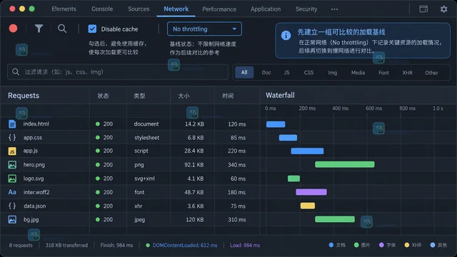 Chrome DevTools 模拟慢网络验证前端加载的操作步骤