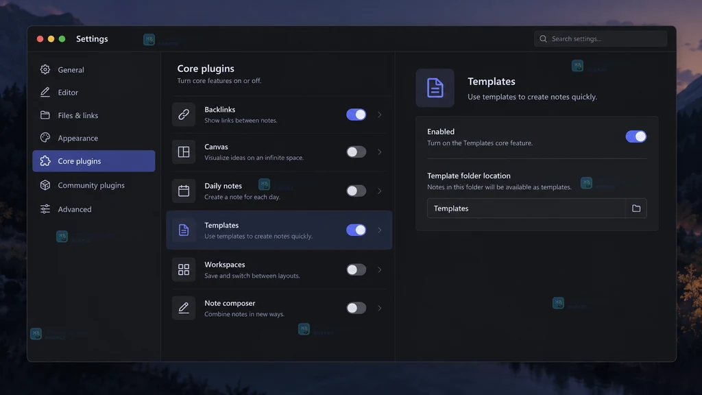 Obsidian 设置中启用 Templates 核心插件并填写模板文件夹位置的界面说明图