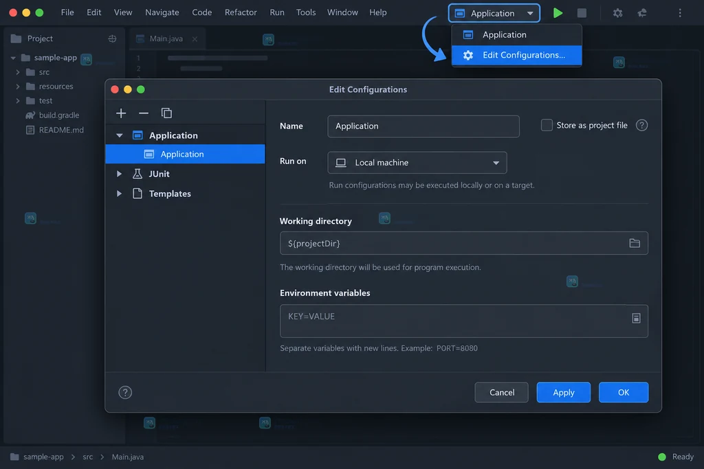 JetBrains IDE Run Edit Configurations 对话框中选中启动配置的原创界面说明图