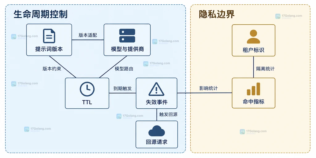 提示词版本、模型提供商、TTL、失效事件与租户标识共同决定缓存生命周期和隐私边界的静态关系说明图