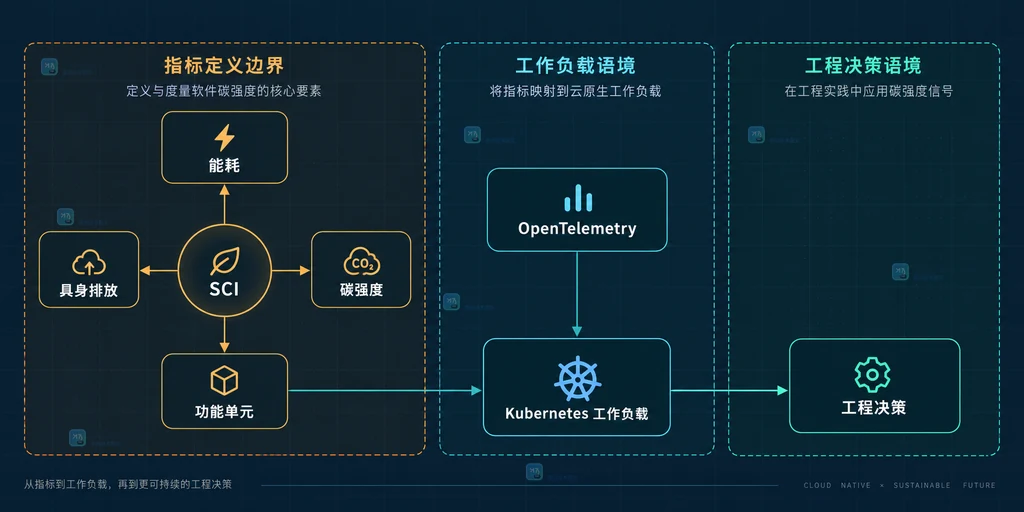 OpenTelemetry、SCI、能耗、碳强度、功能单元与 Kubernetes 工作负载的静态关系说明图