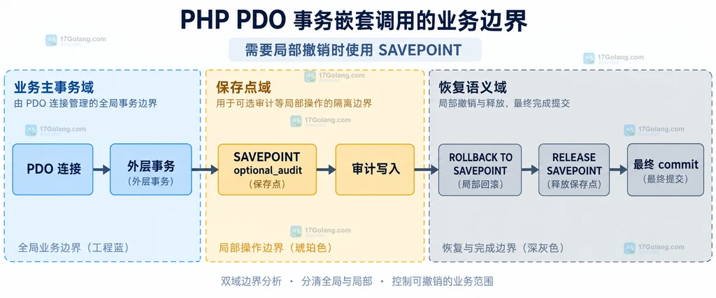 外层 PDO 事务、保存点、局部回滚和最终提交之间关系的静态结构说明图