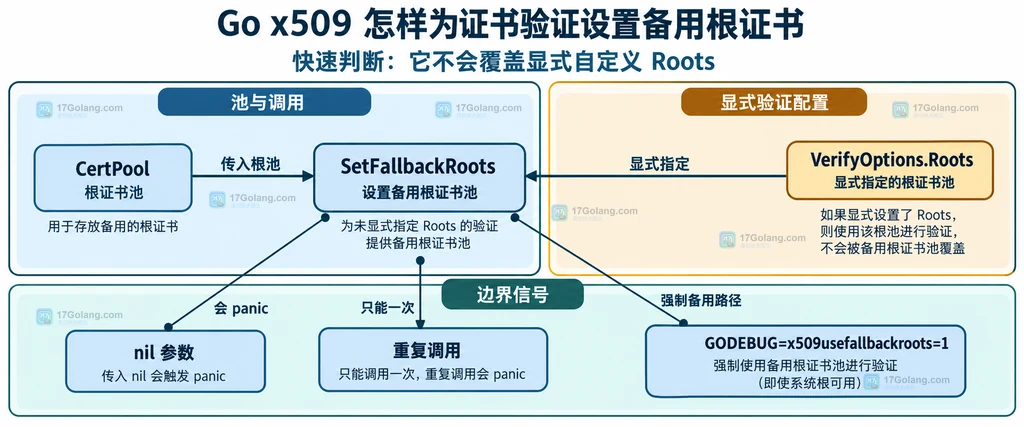 Go x509 自定义根、系统根、平台验证器与备用 CertPool 的静态关系图