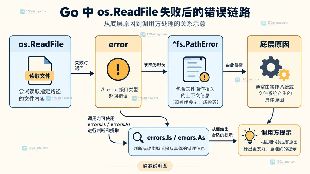 Go 配置文件读取失败时按错误类别给出排查动作的关系说明图