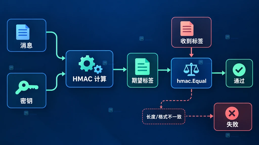 HMAC 计算后使用 hmac.Equal 与收到的标签比较的决策结构图