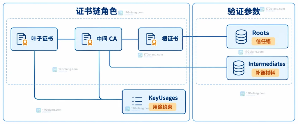 Go x509 VerifyOptions 中信任锚、补链证书和用途约束对应错误类型的静态关系图