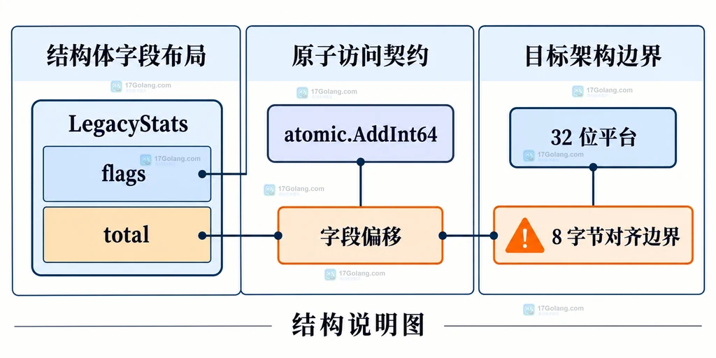Go atomic.Int64 与旧式原子函数的迁移边界和不可复制约束说明图