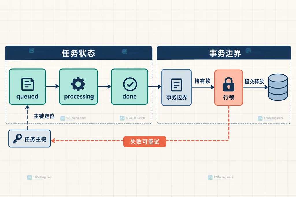 任务表、多个 worker、已锁行与 SKIP LOCKED 返回集合的静态关系