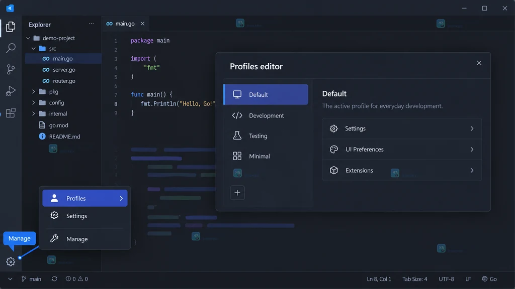 原创 VS Code Profiles 入口界面说明图，展示 Manage 齿轮和 Profiles 菜单
