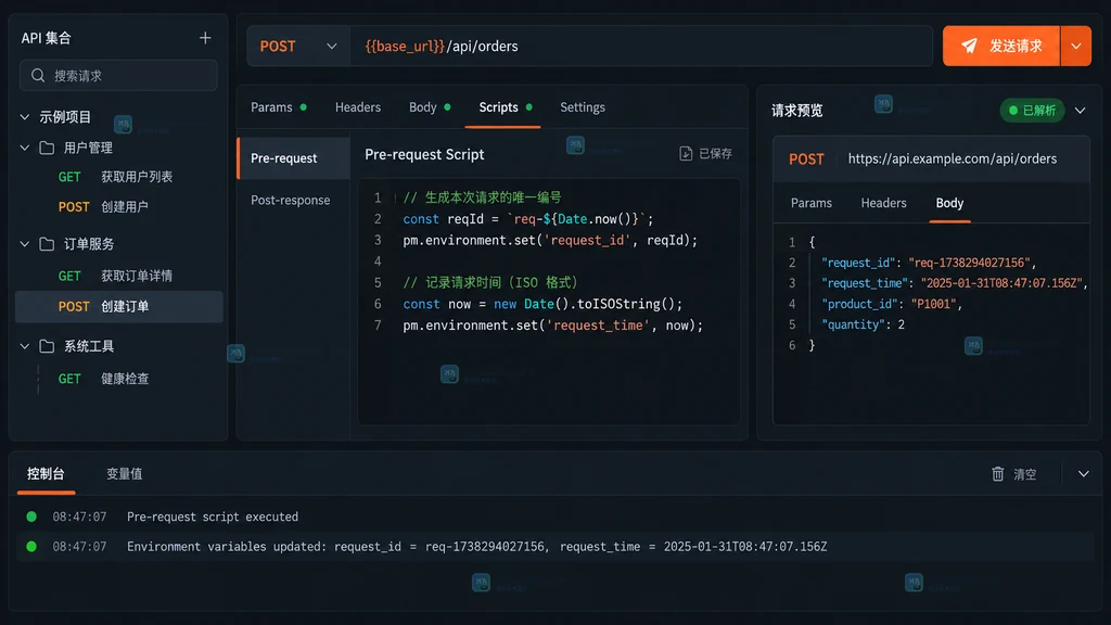 Postman 前置脚本保存后请求变量被解析为动态请求标识和时间的原创界面说明图