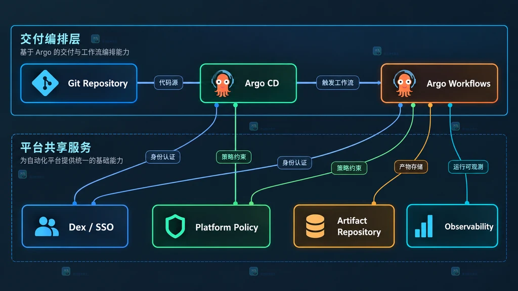Argo CD、Argo Workflows、Dex 单点登录、制品库与观测系统的平台集成关系说明图