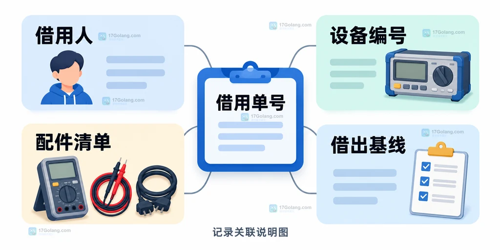 借用单与设备、配件、借用人和借出状态之间的关联
