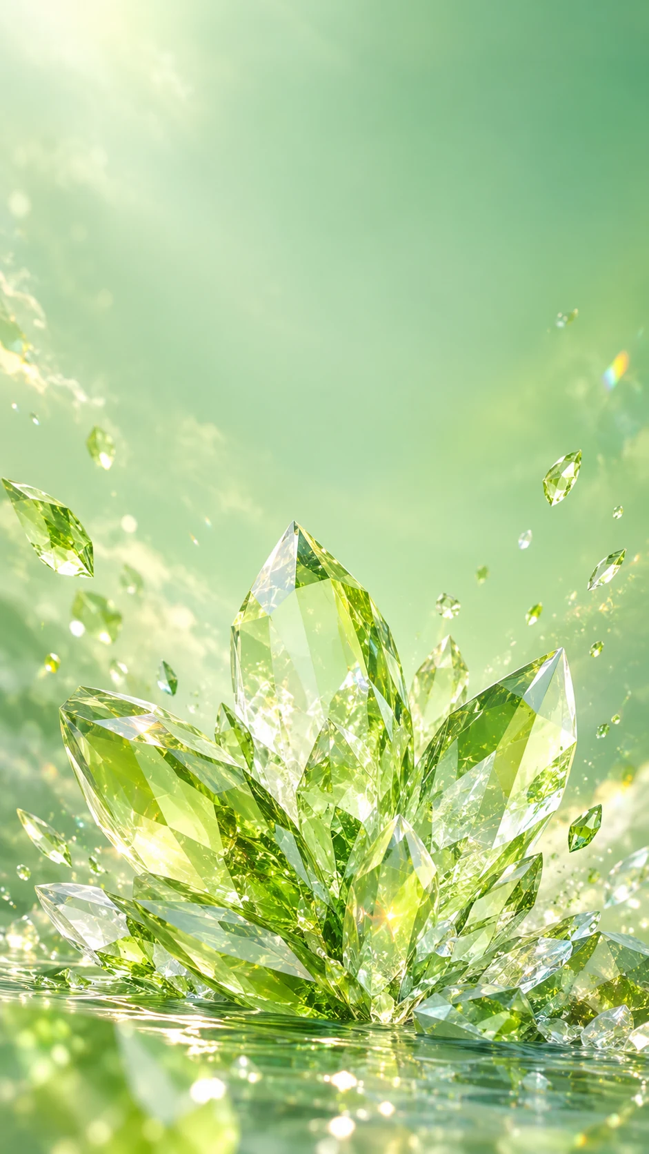 青柠晶柱手机壁纸变体说明图,右下方单体高晶柱与左侧低细节留白形成纵向重心
