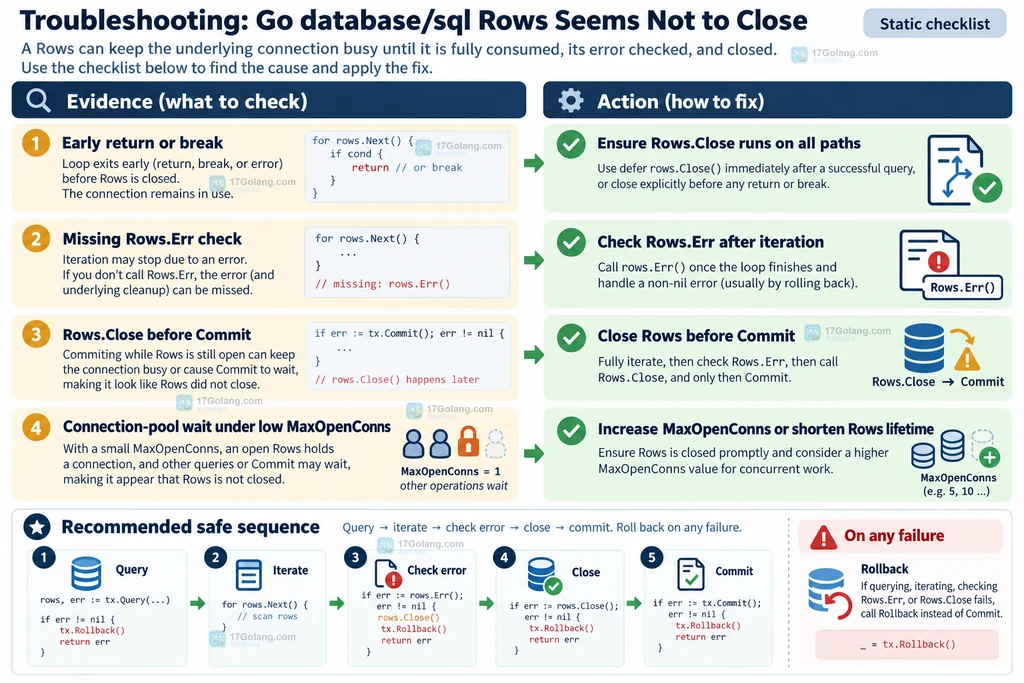 Go database/sql 事务与 Rows 生命周期,从 QueryContext 到 Rows.Err、Rows.Close、Commit,并在错误时 Rollback 的静态解释图