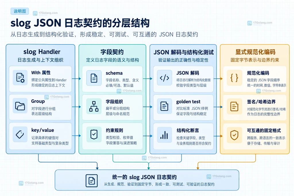 从 slog Handler 到测试断言和日志下游的字段契约分层说明图