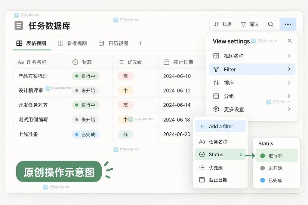 Notion 数据库视图设置中选择 Filter 和 Status 进行状态筛选的原创界面说明图