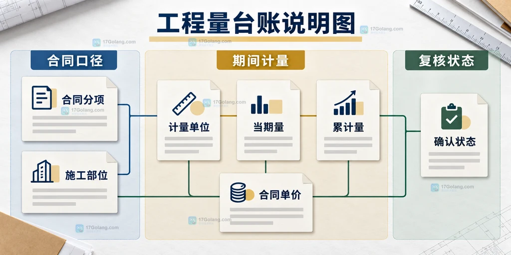 建筑分包工程量台账说明图,展示合同分项、部位、当期量、累计量和确认状态的关联
