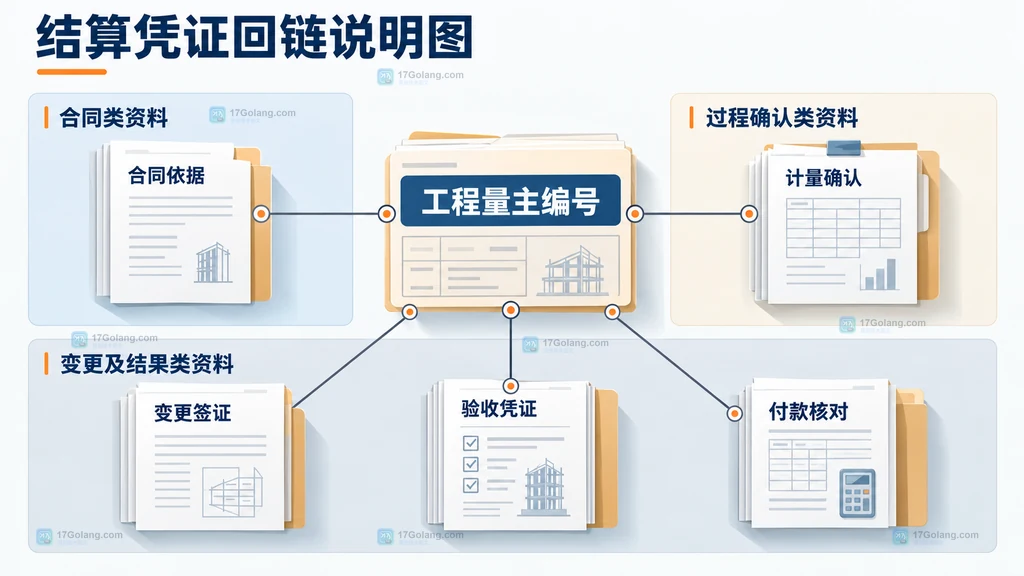 建筑分包结算凭证回链说明图,展示工程量行与合同、计量、验收、签证和付款凭证的对应关系