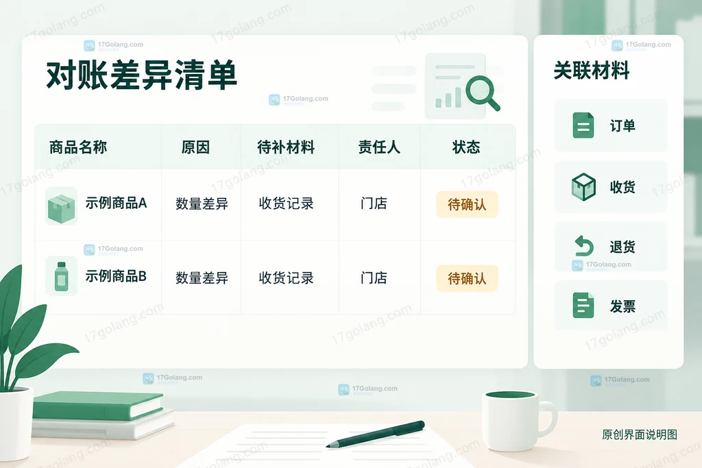 原创对账差异工作表界面说明图,展示原因、证据和责任字段