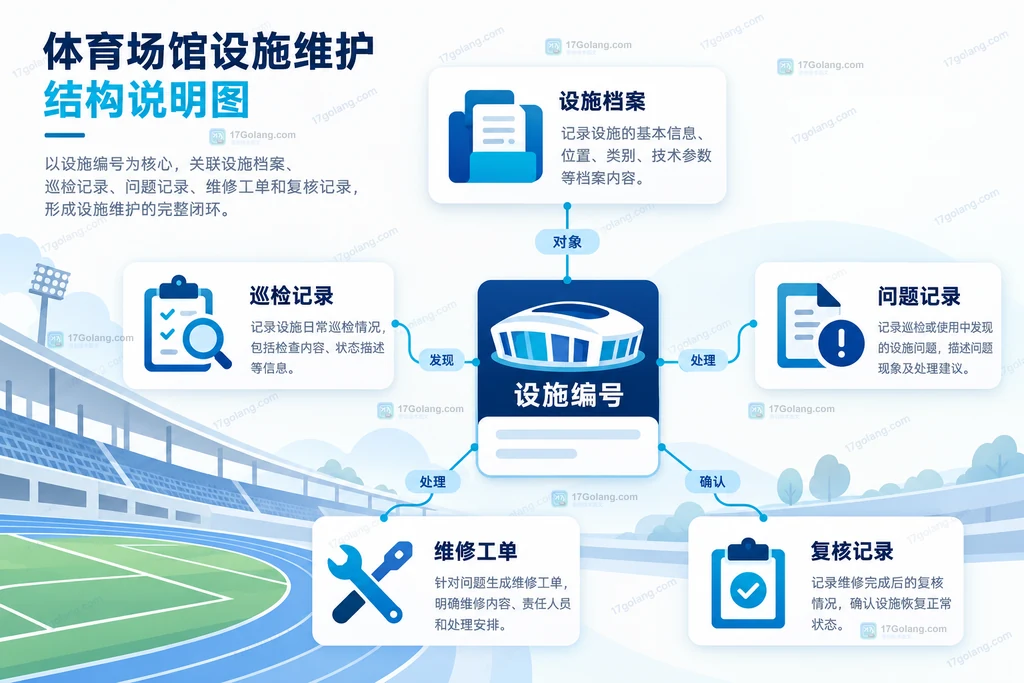 设施编号关联巡检、问题、维修和复核记录的原创关系说明图