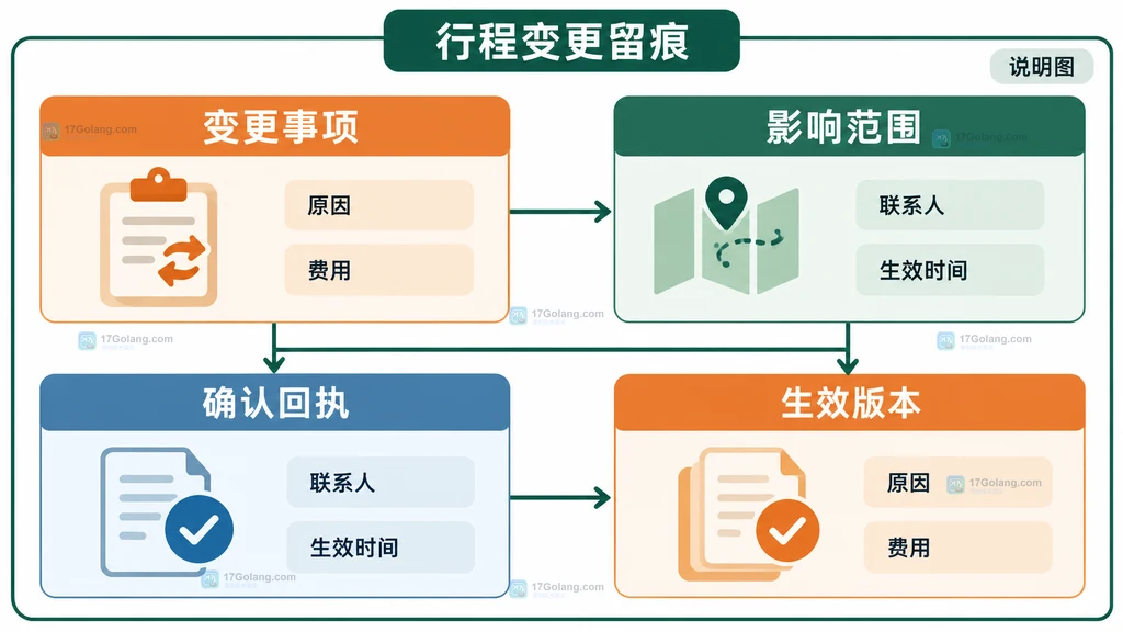 订单主档、行程版本、确认回执和变更台账之间关系的原创说明图