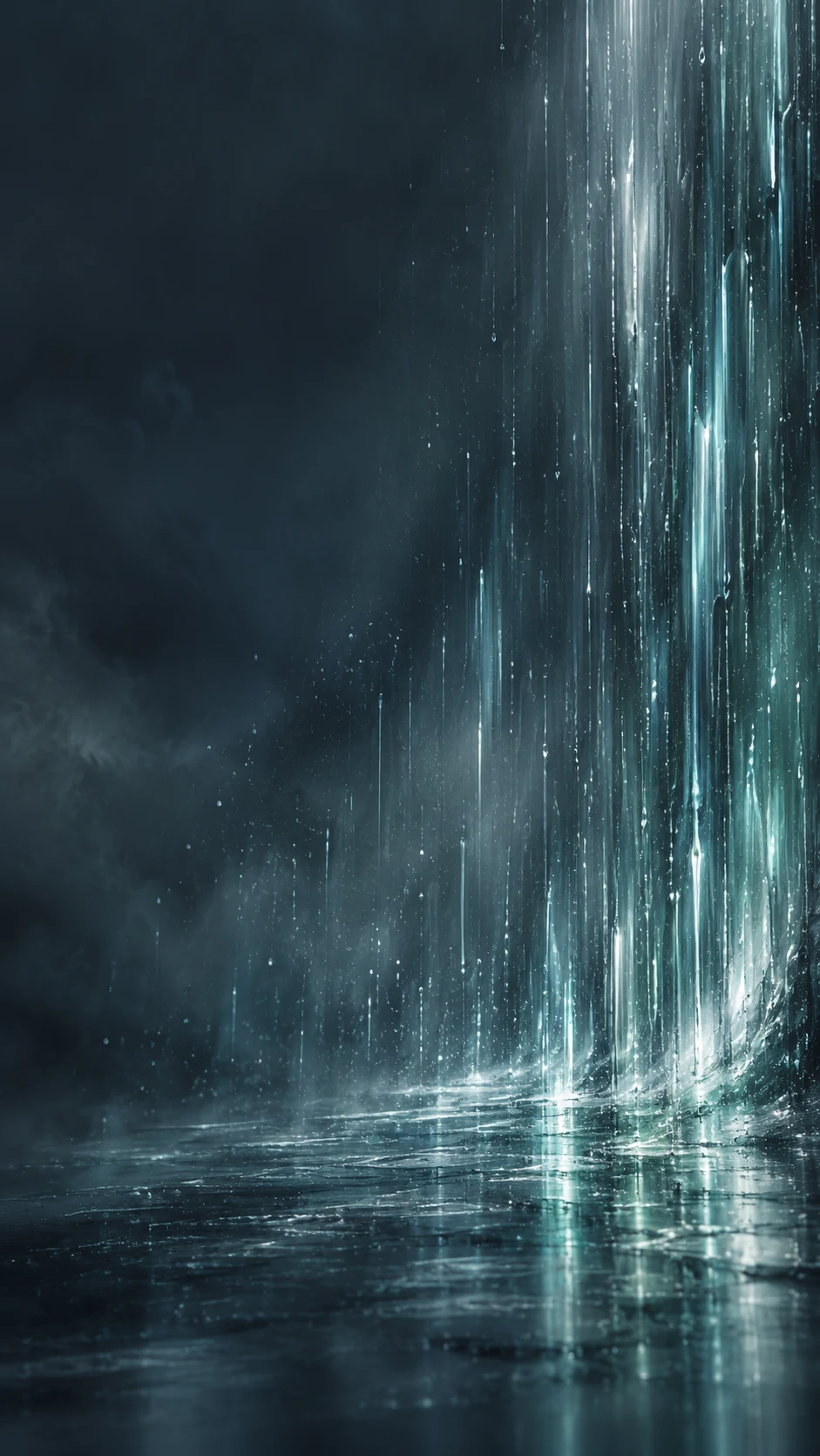 青灰色抽象雨幕手机壁纸变体，高亮竖向雨线集中在右侧