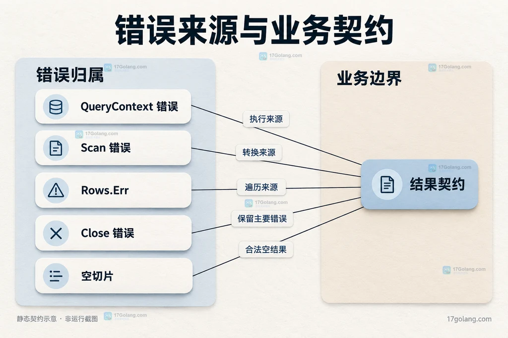 查询扫描遍历关闭四种错误各自归属，以及空切片与结果契约两项业务边界