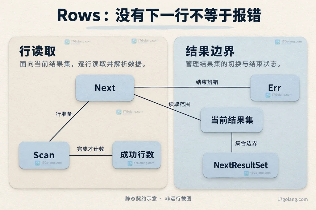 Rows读取契约分成行读取与结果边界两组，连接Next、Scan、Err和行数