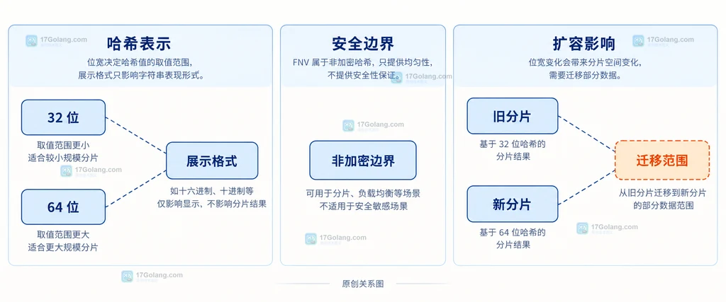 Go hash/fnv 位宽选择与分片数量变化导致映射迁移的关系说明图