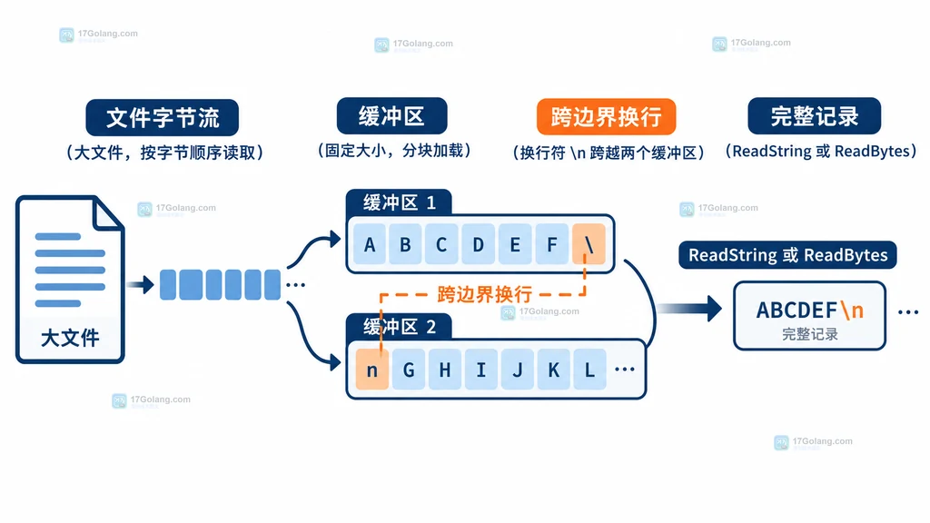 bufio Reader 跨缓冲区寻找换行符并拼成完整记录的结构说明图