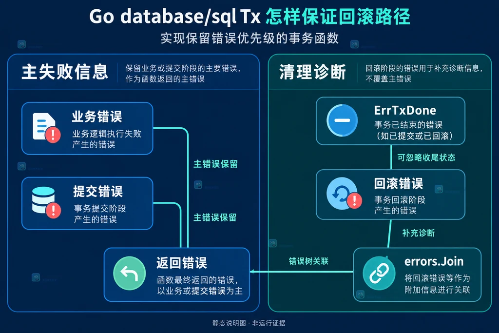 业务错误、提交错误和回滚诊断与返回错误的静态关系图