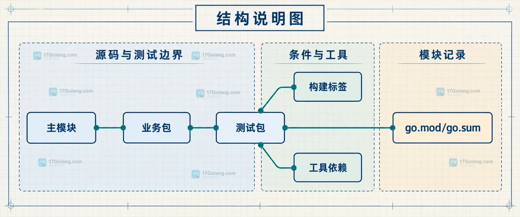 主模块、业务包、测试包、工具依赖和构建标签连接到 go.mod 与 go.sum 的静态结构说明图