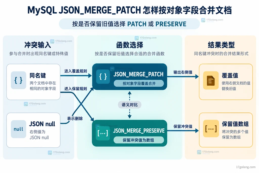 JSON_MERGE_PATCH 与 JSON_MERGE_PRESERVE 的冲突字段结果对比结构图