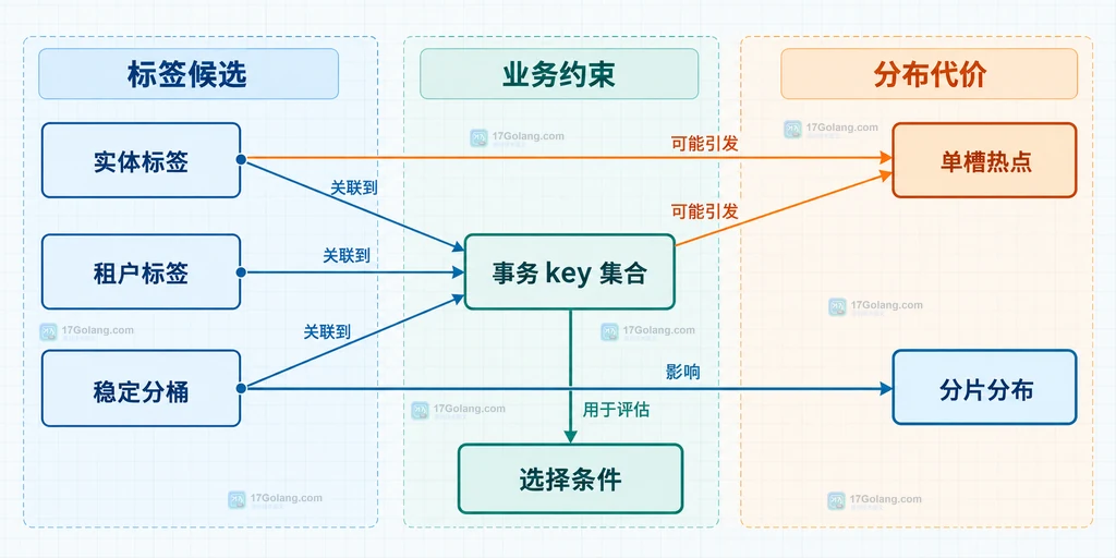 Redis Cluster 实体标签、租户标签和稳定分桶标签的事务边界与热点取舍结构图