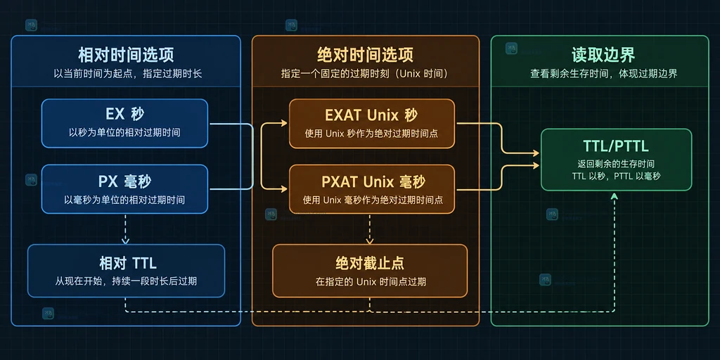 Redis 相对过期与绝对过期选项的单位和边界关系静态说明图