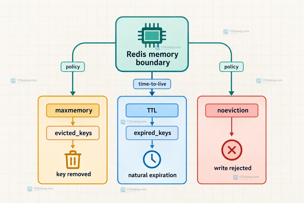 Redis 内存淘汰说明图：maxmemory 边界分向 evicted_keys、expired_keys 与 noeviction 拒写