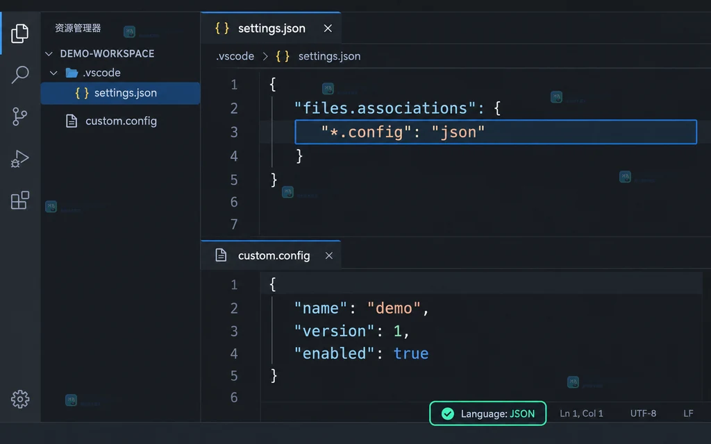 原创界面说明图：settings.json 中 files.associations 将自定义后缀映射为 json 并显示 Language JSON