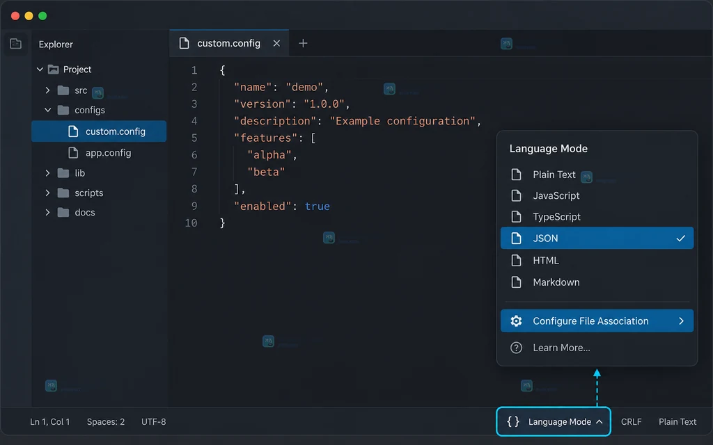 原创界面说明图：从 Language Mode 进入 Configure File Association 配置 JSON 文件关联