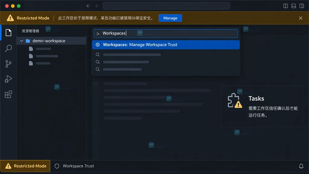 原创界面说明图：Restricted Mode 横幅、状态栏徽章和 Workspace Trust 管理入口