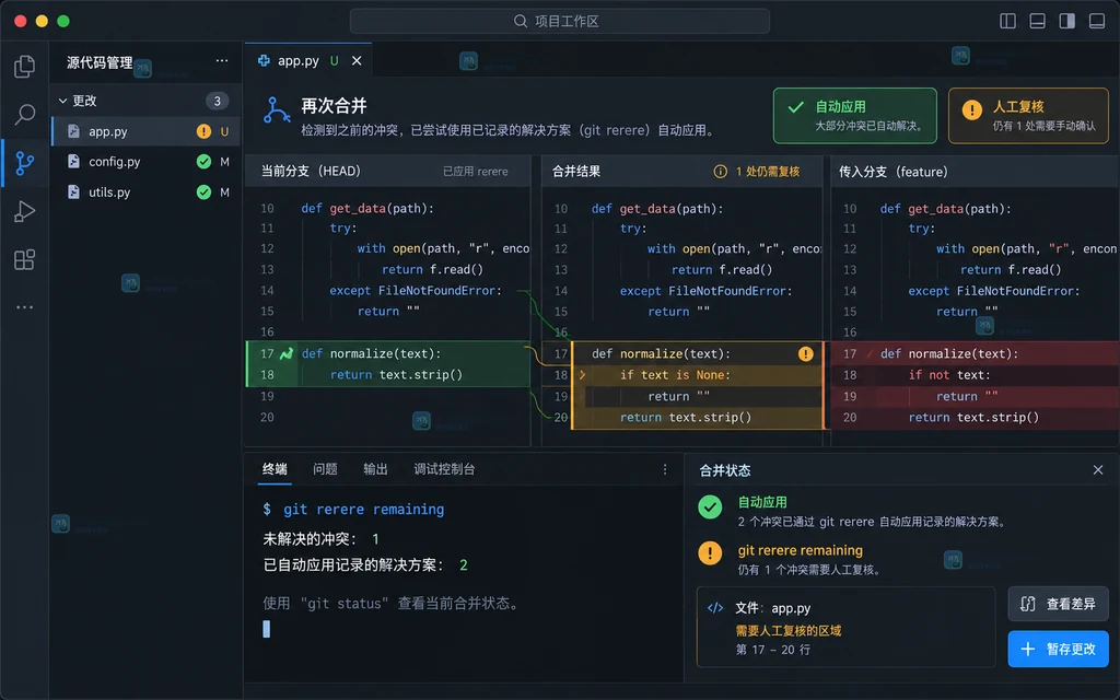 第一次手动解决 Git 冲突时的原创编辑器界面说明图