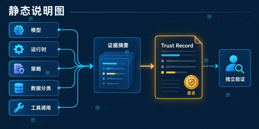 TRACE 将模型、策略、运行时、数据分类和工具调用汇聚为可验证证据记录的结构说明图
