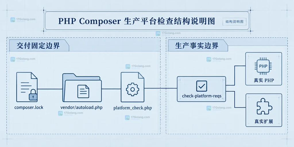 Composer 生产部署平台检查结构说明图,展示锁文件、自动加载器平台检查和真实 PHP 扩展环境的关系