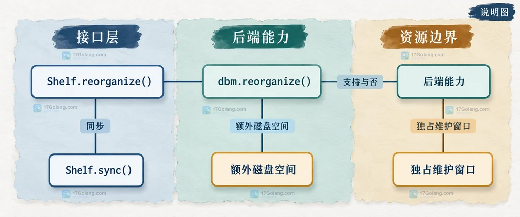 Shelf.reorganize、同步动作、dbm 后端能力与维护窗口边界的静态结构说明图